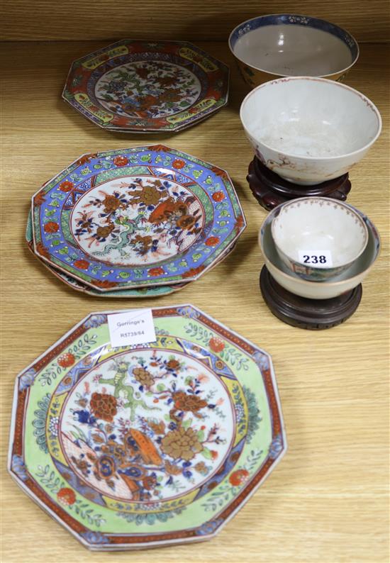 Four Chinese clobbered plates and three assorted bowls plates diameter 22cm bowls diameter 9cm - 16cm